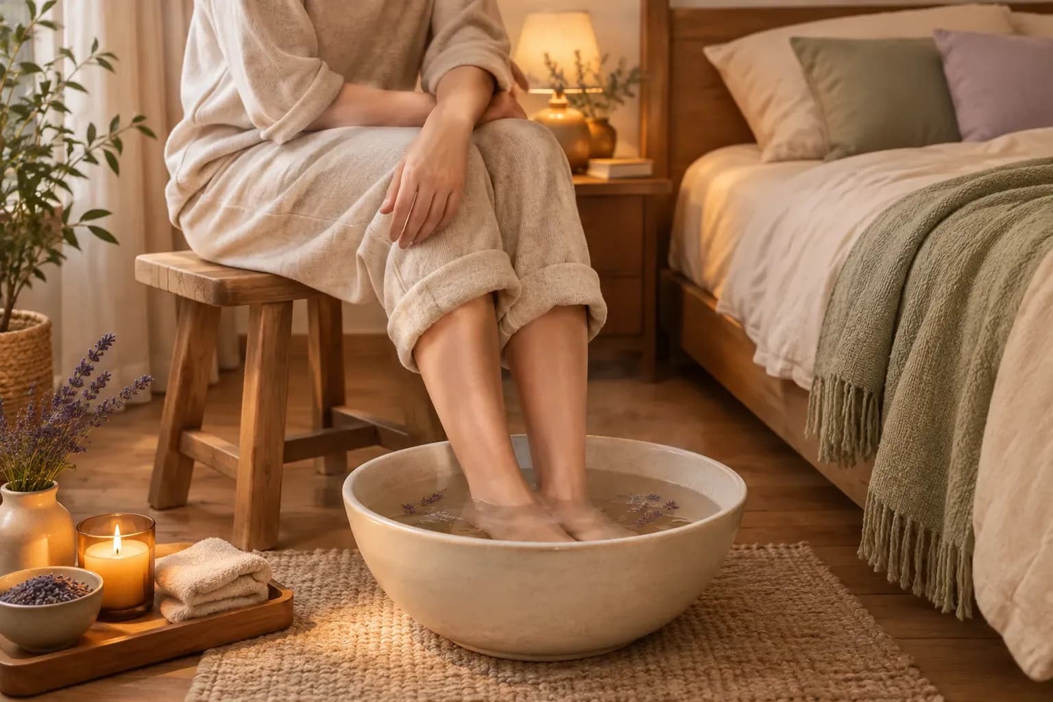 An adult seated on a wooden stool in a warm bedroom, soaking their feet in a ceramic basin