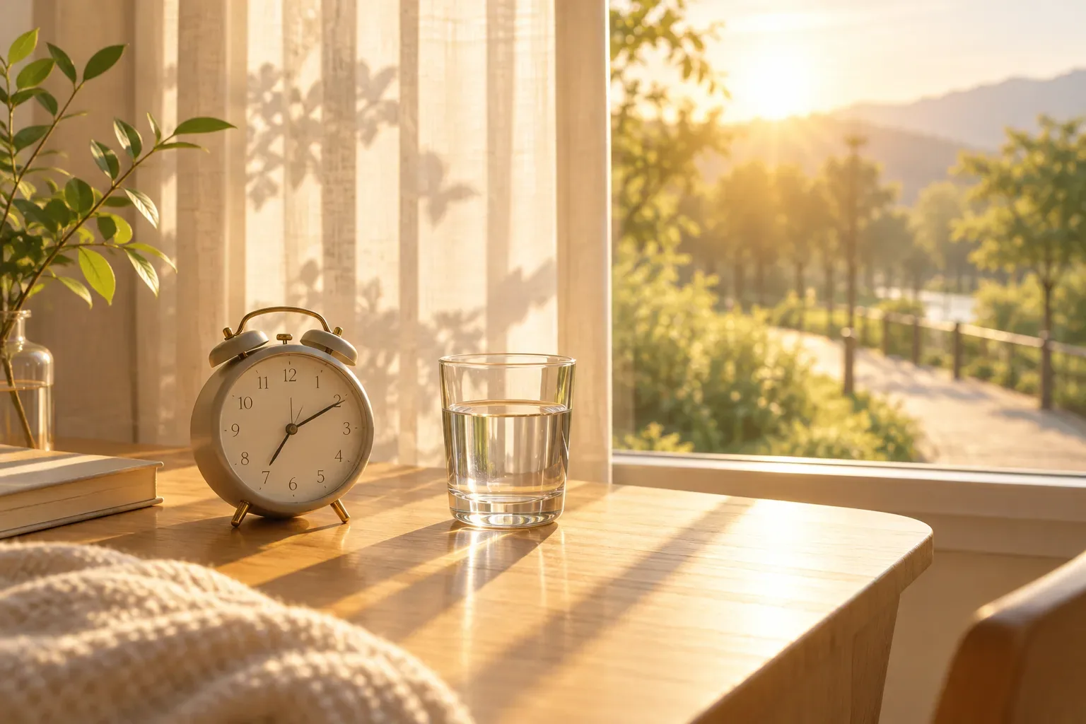 4:3 landscape, 1440px or larger. A wellness editorial scene featuring soft golden light filtering between an early-morning window and an outdoor walking path, with an analog clock and glass of water on a table and shadows from curtains. No faces, direct gazing at the sun, text, logos, or collage. Caption: 'AI-generated image · A staged depiction of the relationship between morning light and a consistent wake-up time'. alt: 'Sleep-routine concept image with early-morning sunlight and an analog clock'.