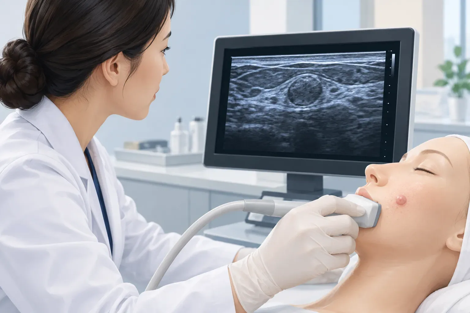 4:3 landscape medical editorial concept image. A dermatologist’s hands viewing an ultrasound screen beside a facial model, in an educational scene without exaggerating a red nodule. Not an actual patient or before-and-after photo; no text, logos, collage, or border. AI-generated image caption required.